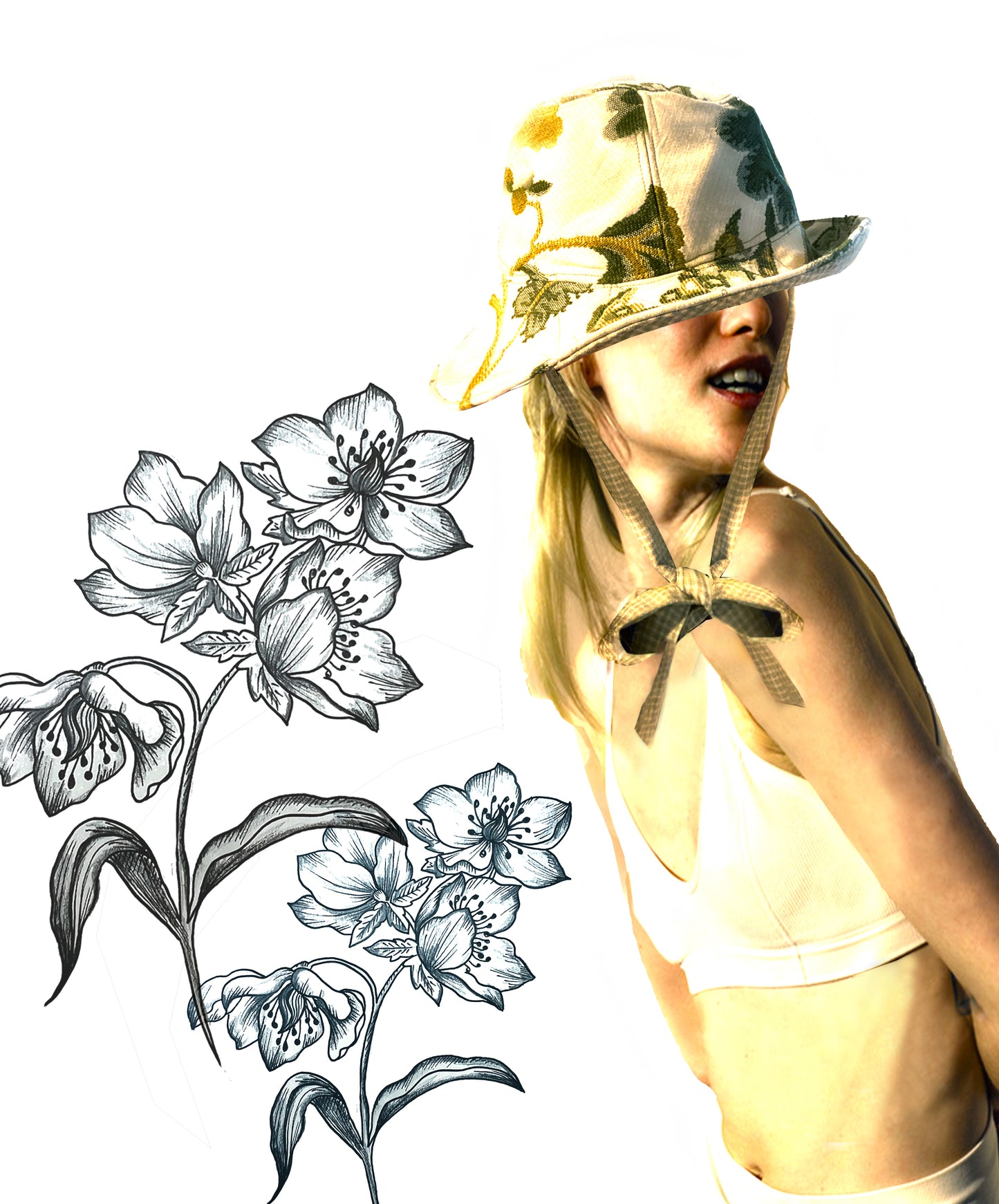 Handmade Floral Vintage Embroidery Fabric Hat with a charming neck tie strap